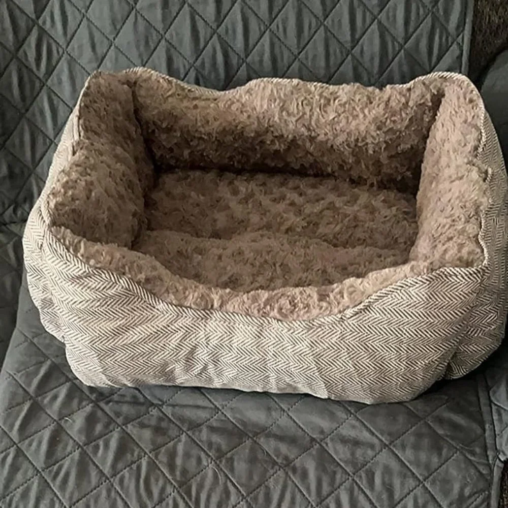 Dog 30'' Grey Wood Linen Soft Washable Rectangle Anti-Slip Bottom Sleeping Bed